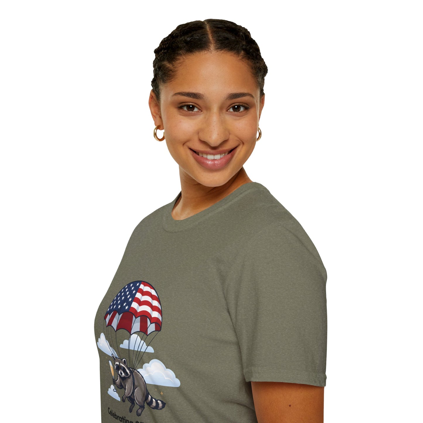 Patriotic Parachuting Raccoon T-Shirt — "Celebrating 250 Years"