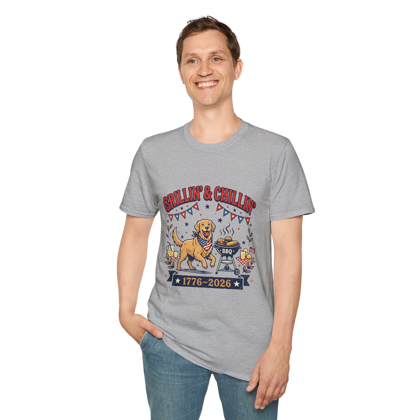 Grillin' & Chillin' BBQ Dog T-Shirt — 1776-2026 Patriotic Summer Tee, 4th of July Shirt, Independence Day Tee