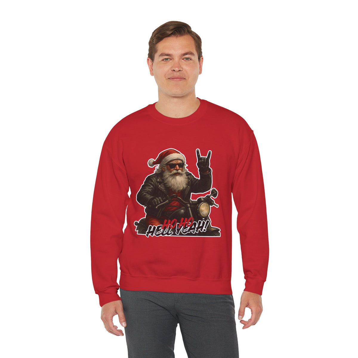 Santa Biker Crewneck Sweatshirt – 'Ho Ho Hell Yeah' Christmas Motorcycle Pullover
