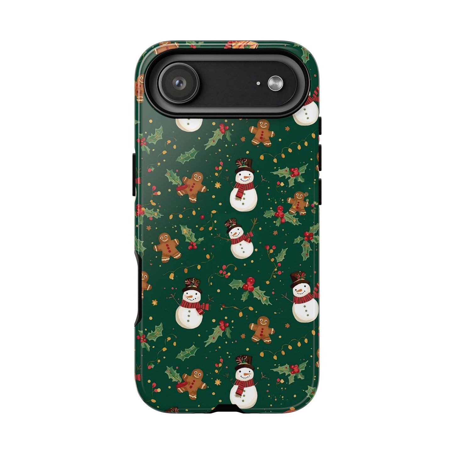 Christmas Phone Case with Snowmen and Gingerbread Design, Dual Layer Phone Case for Iphone 17, 16, 15, 14, 13, 12, 11 & Samsung