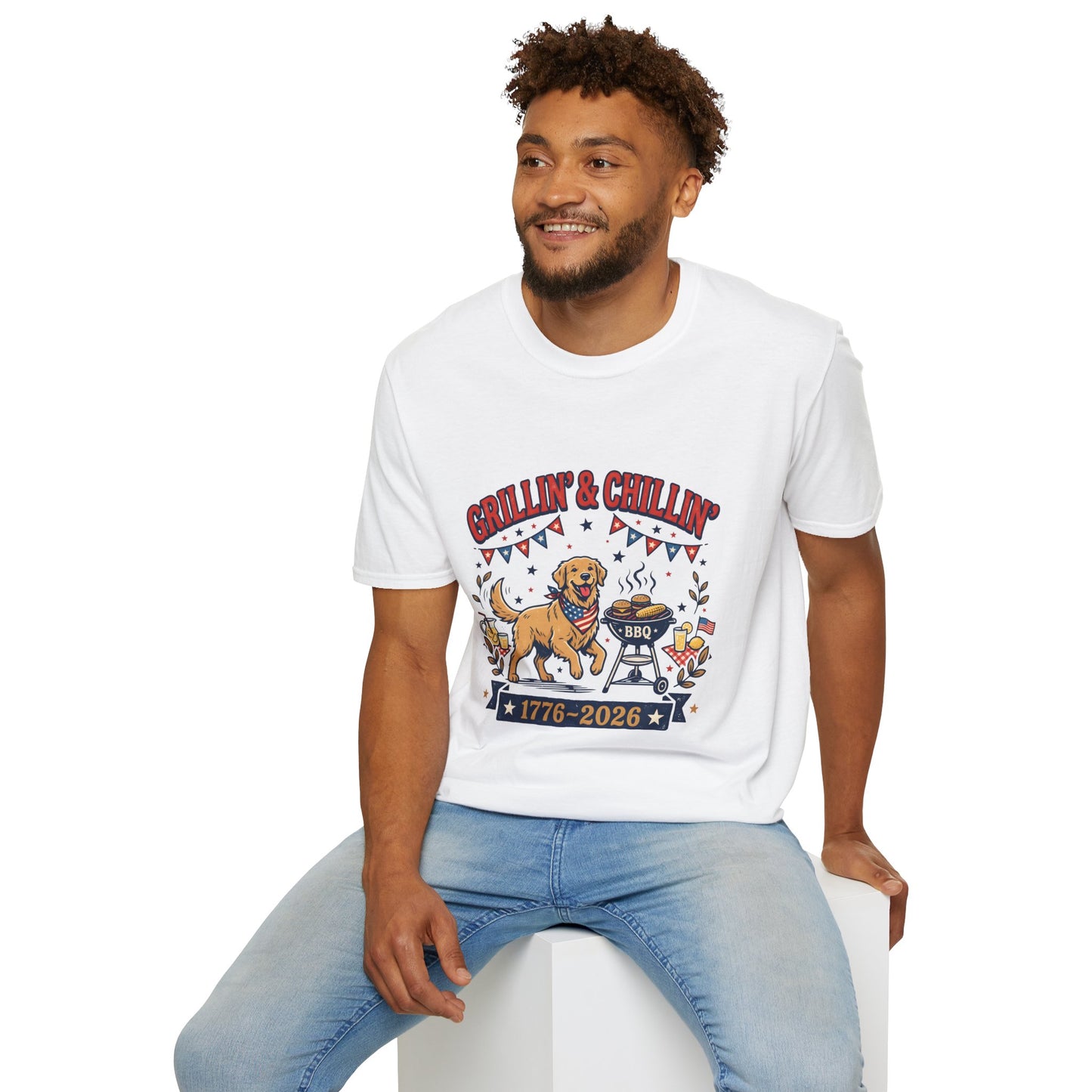 Grillin' & Chillin' BBQ Dog T-Shirt — 1776-2026 Patriotic Summer Tee, 4th of July Shirt, Independence Day Tee
