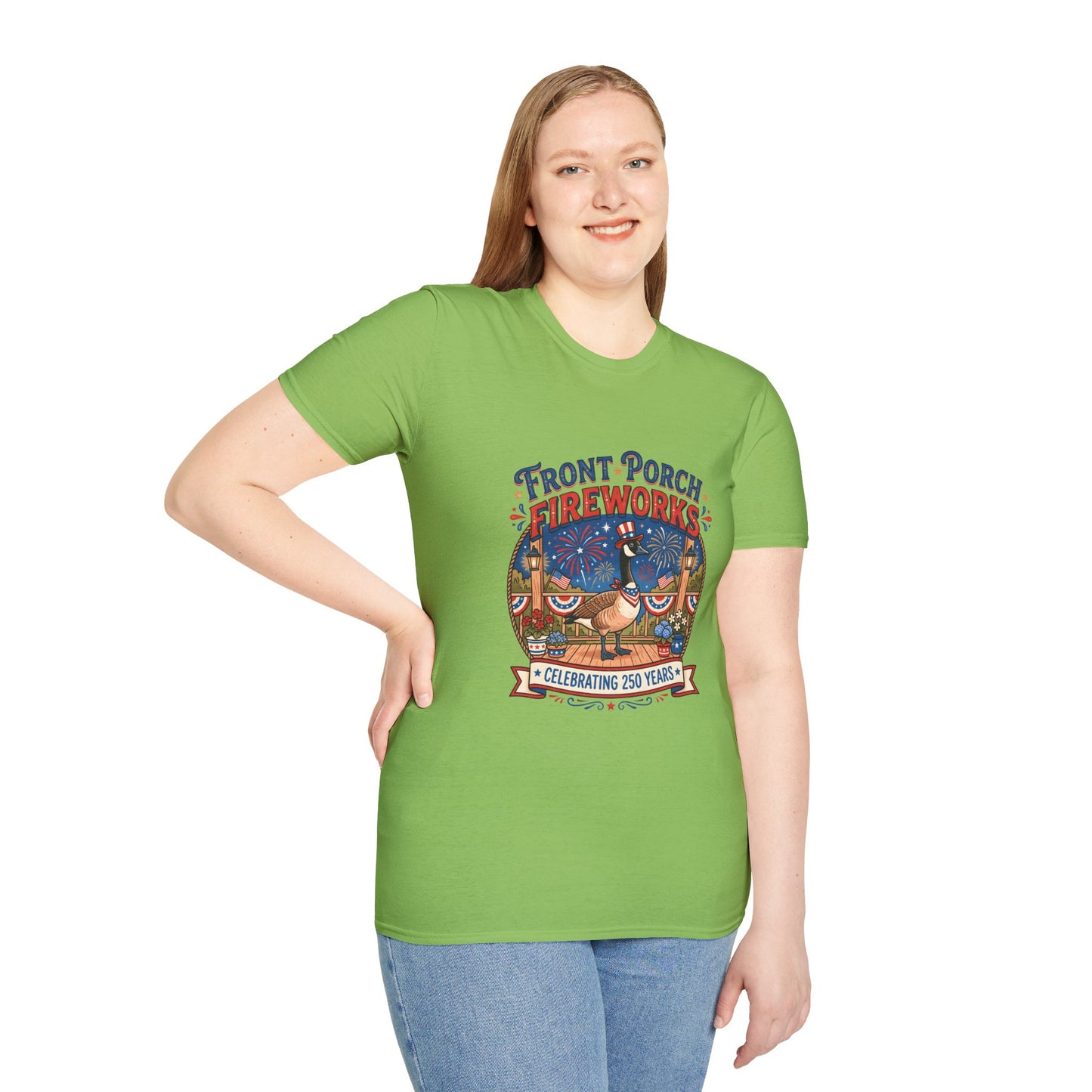 Front Porch Fireworks, Goose T-Shirt — Patriotic 4th of July Celebration Tee
