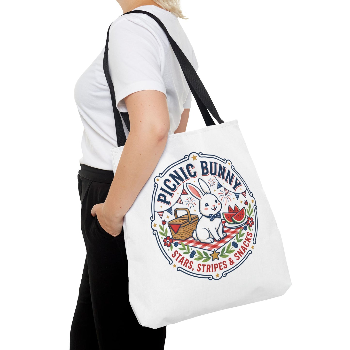 Patriotic Picnic Bunny Tote Bag — ‘Stars, Stripes & Snacks’ Cute Rabbit Picnic Tote, 4th of July Tote
