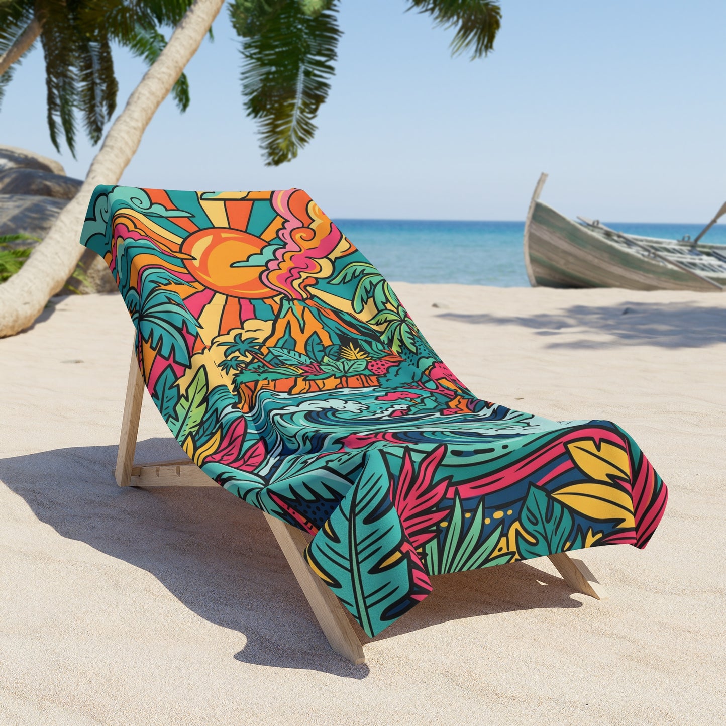 Tropical Surf & Sun Beach Towel – Vibrant Retro Sunset Waves Design