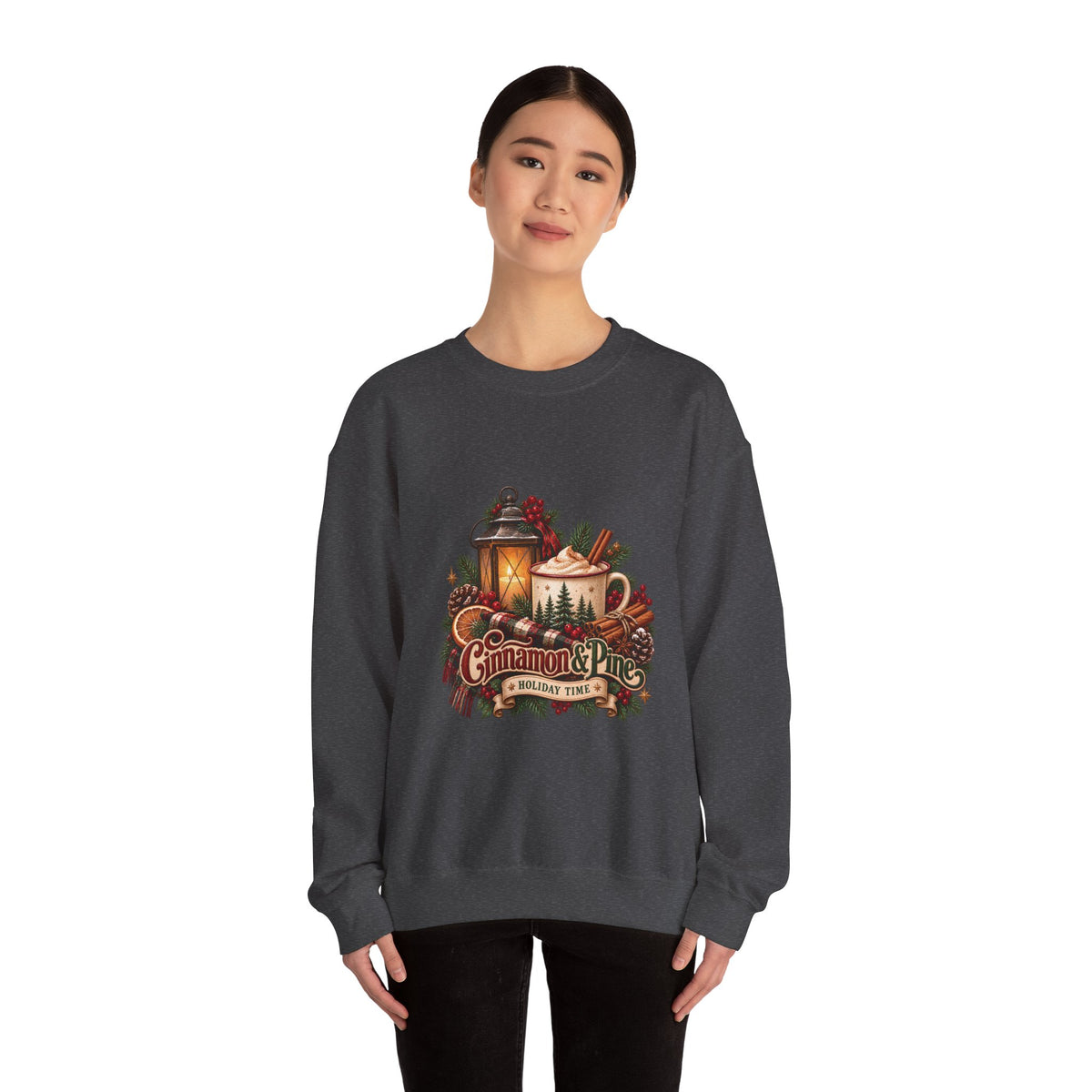 Cinnamon & Pine Crewneck Sweatshirt — Cozy Holiday Lantern Design Sweatshirt