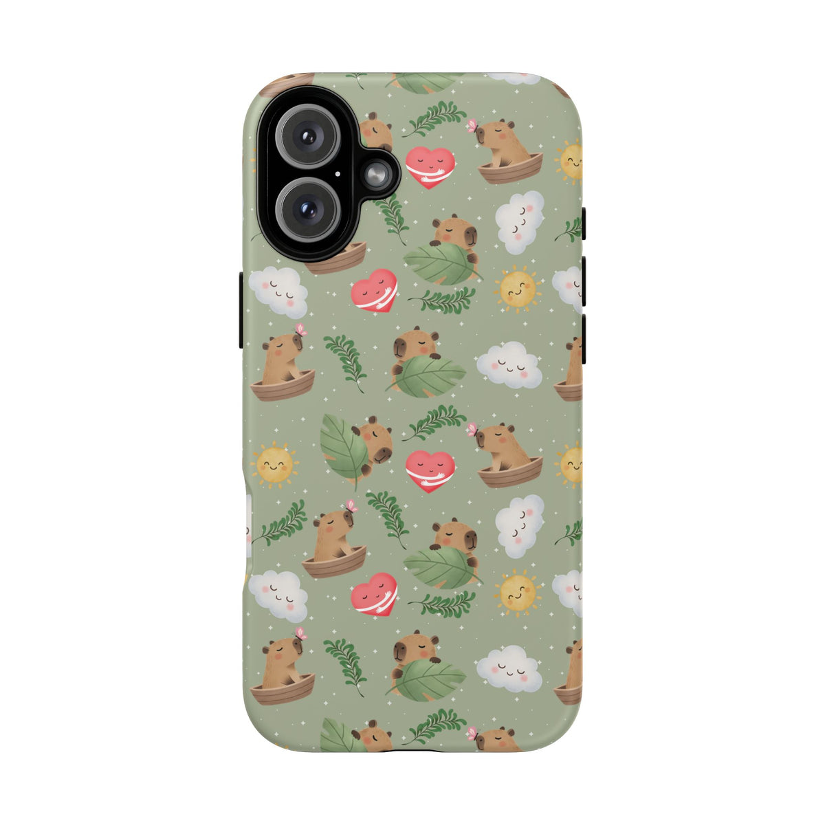 Cute Capybara Pattern Phone Case — Green Botanical Tough Case
