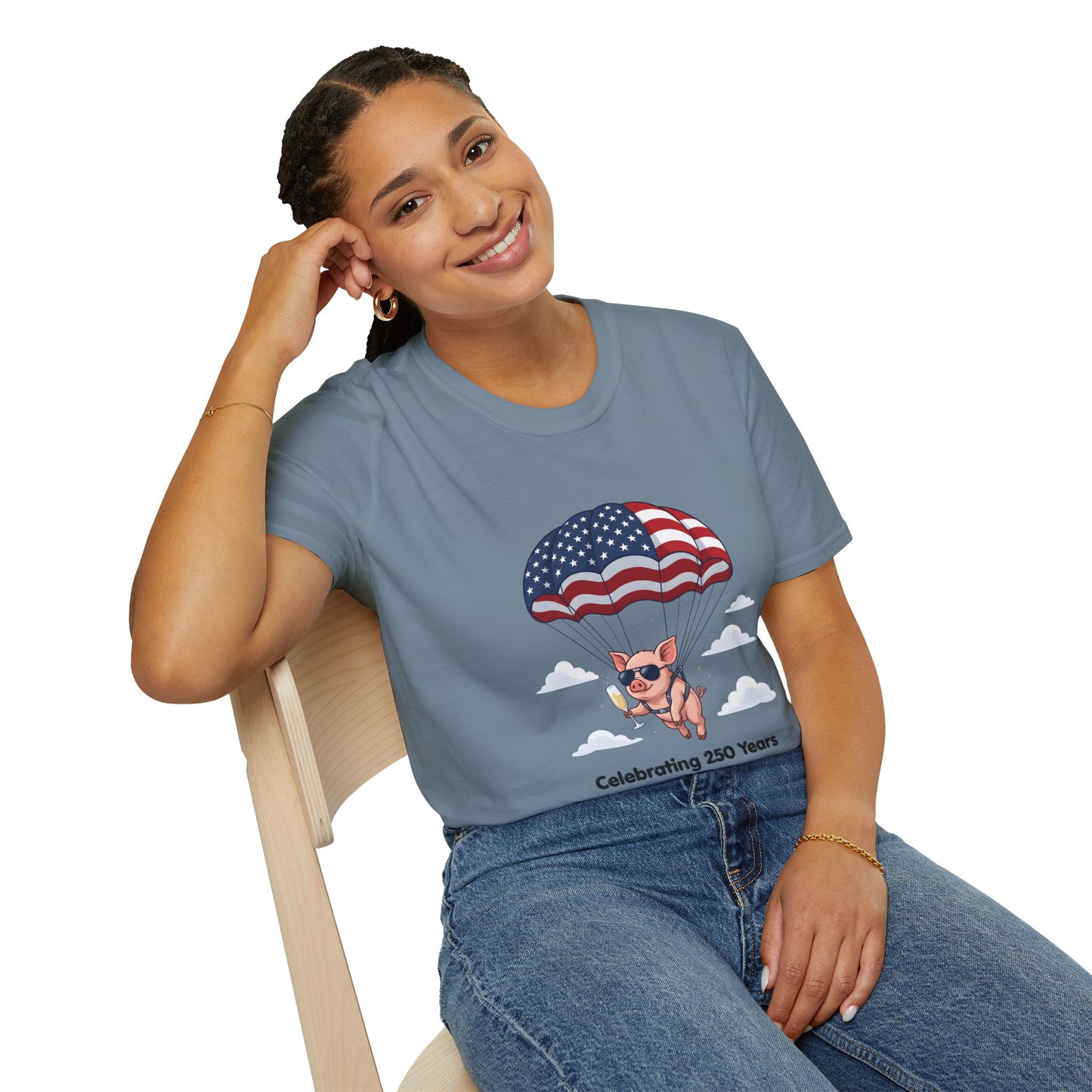 Patriotic Parachuting Piglet T-shirt - “Celebrating 250 Years”