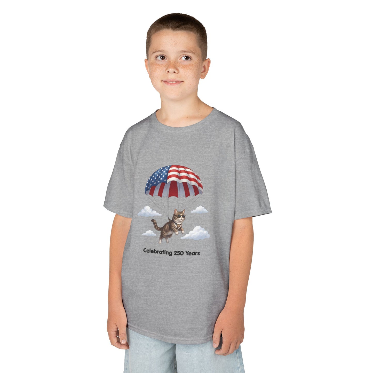 Kids Patriotic Parachuting Cat Tee — "Celebrating 250 Years"