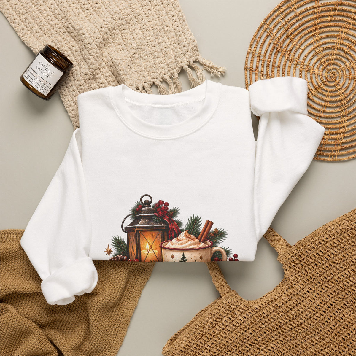 Cinnamon & Pine Crewneck Sweatshirt — Cozy Holiday Lantern Design Sweatshirt