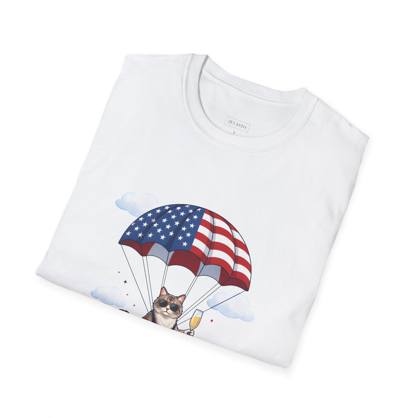 Patriotic Cat Parachute T-Shirt — "Celebrating 250 Years" 4th of July Tee