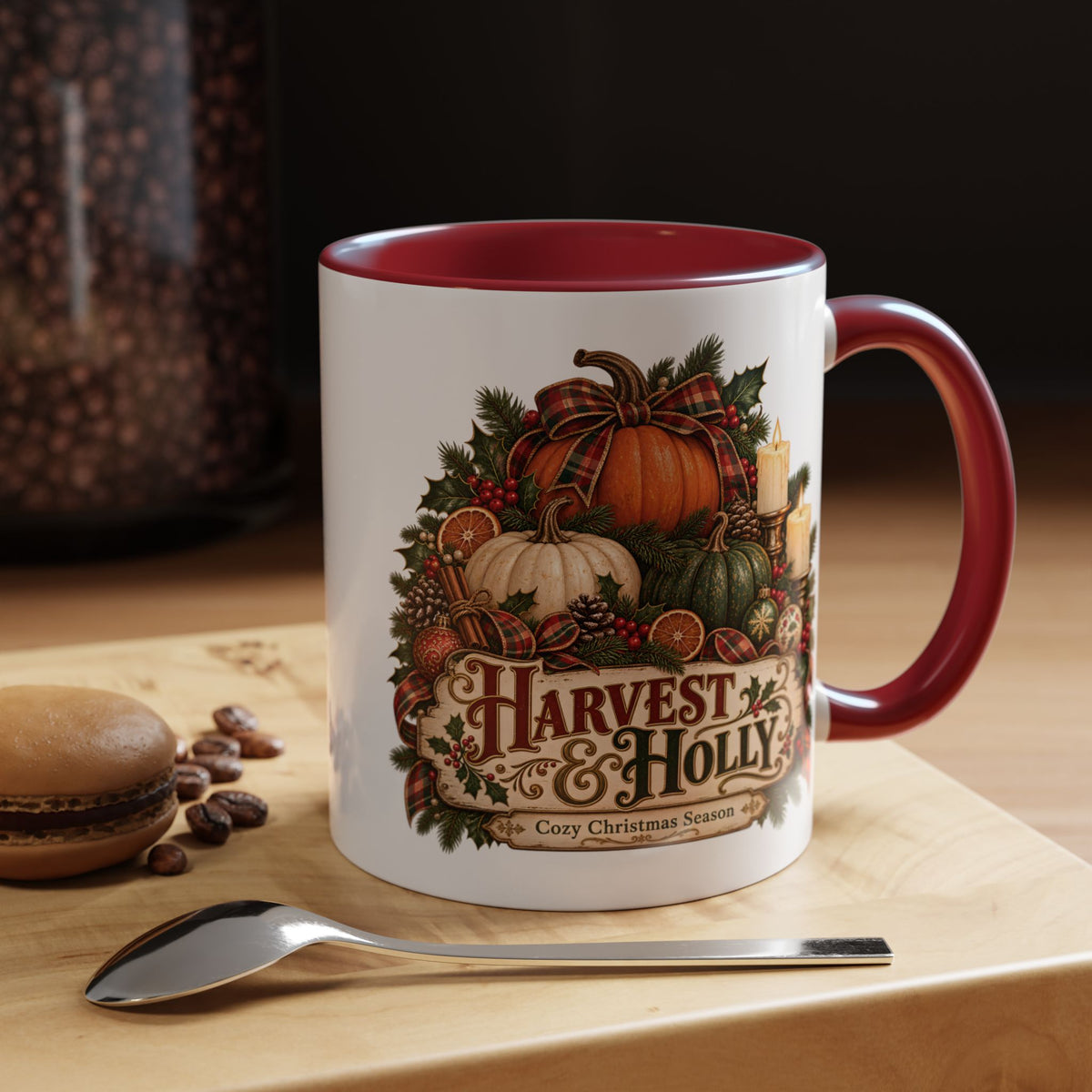 Harvest & Holly Accent Coffee Mug - Vintage Christmas Holiday Mug (11 oz)