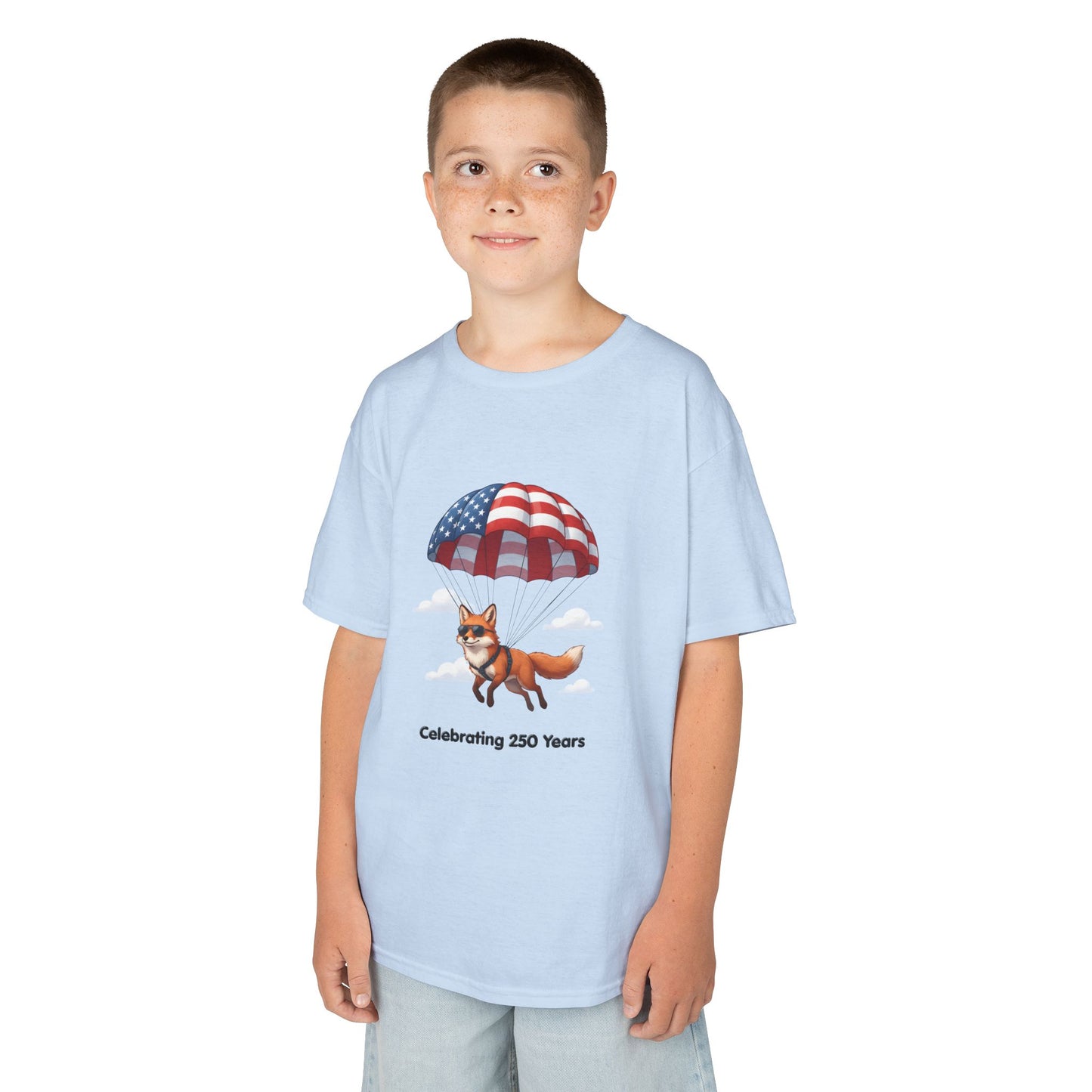 Kids Tee — Patriotic Fox with Parachute - “Celebrating 250 Years”