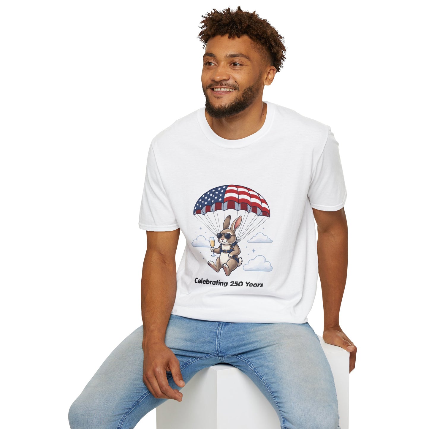 Patriotic Parachuting Bunny T-Shirt — "Celebrating 250 Years"