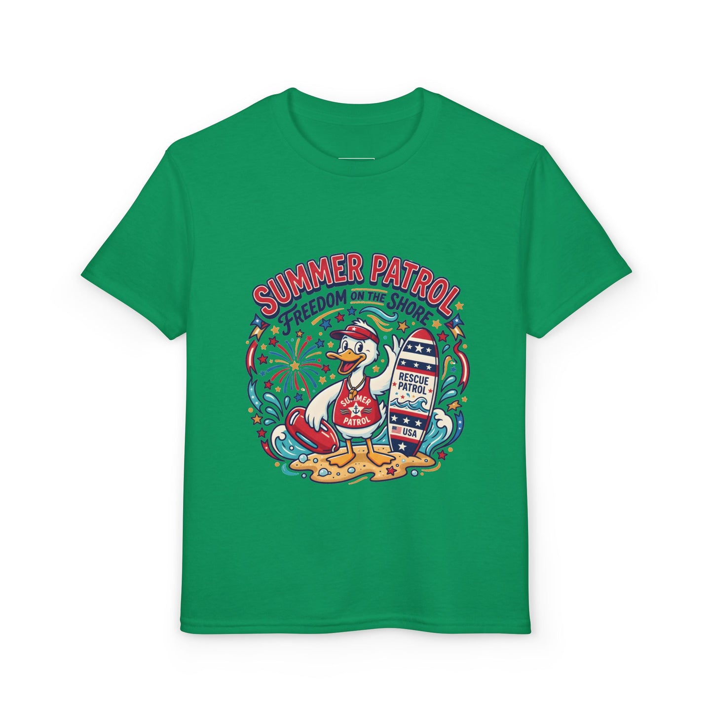 Summer Patrol Kids T‑Shirt — Lifeguard Duck Beach Graphic, 4th of July Tee