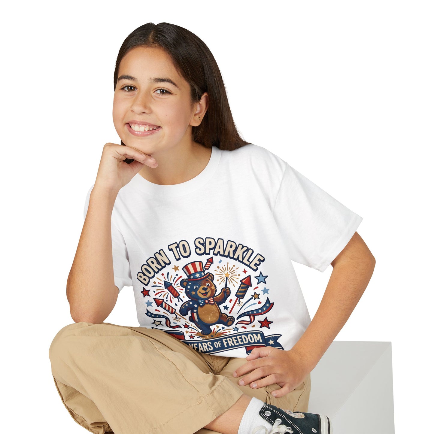 Patriotic Youth T-Shirt — "Born to Sparkle: 250 Years of Freedom" Patriotic Bear Tee