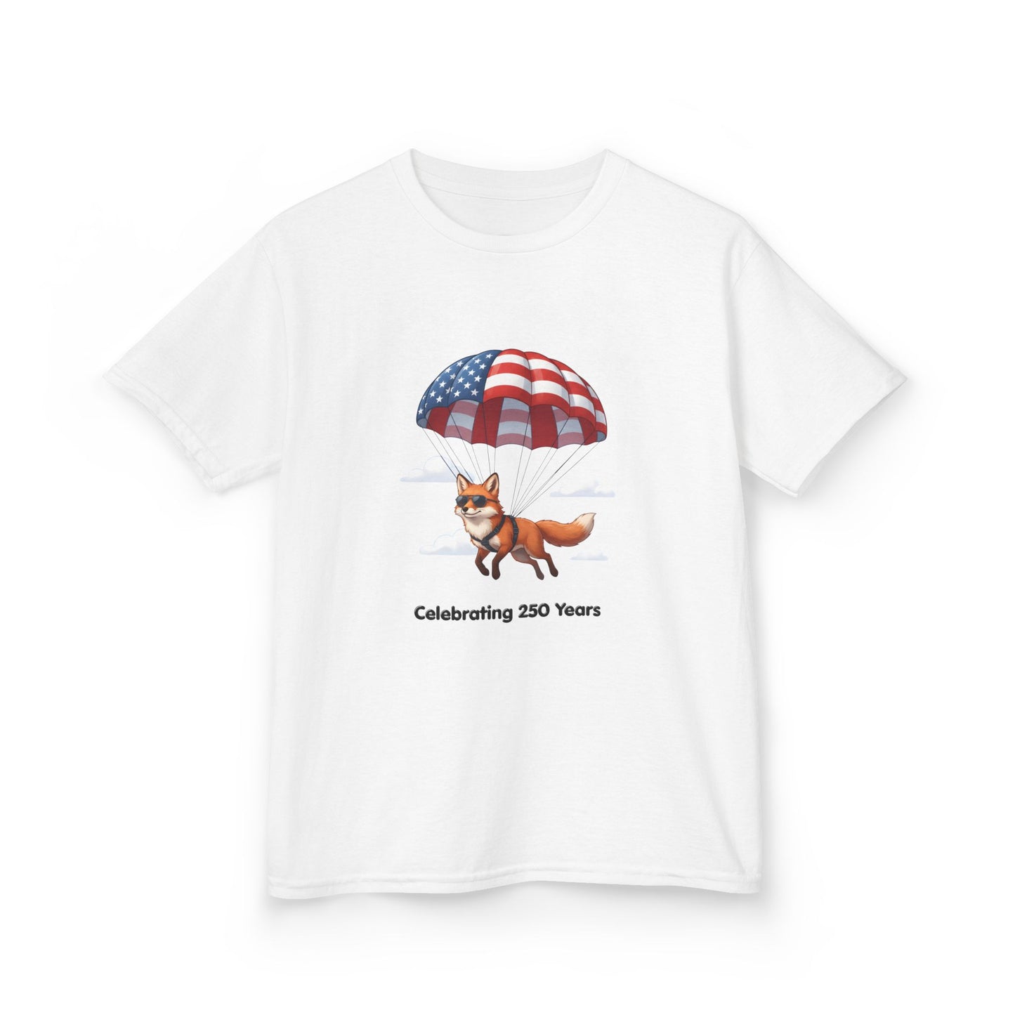 Kids Tee — Patriotic Fox with Parachute - “Celebrating 250 Years”