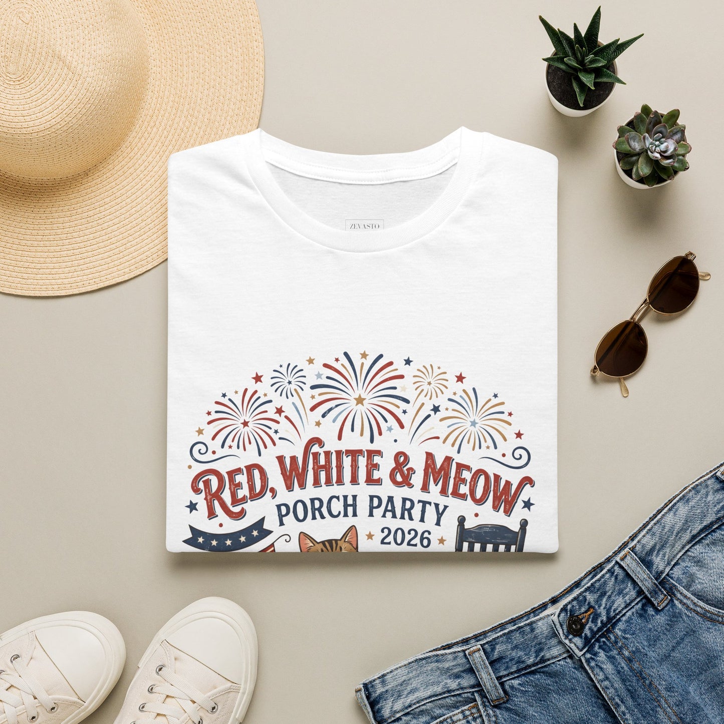 Red, White & Meow Porch Party T-Shirt — 2026 Patriotic Cat Tee, 4th of July Shirt, Independence Day Gift