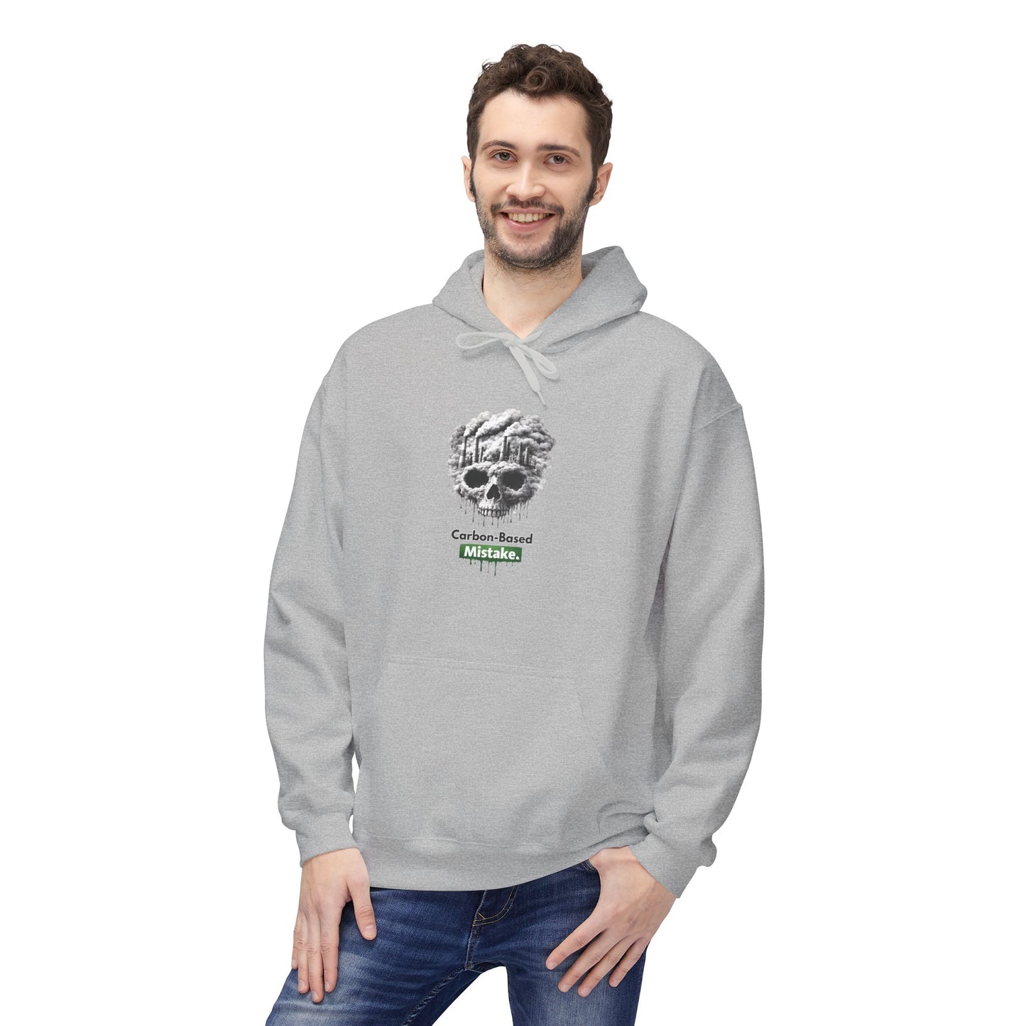 Unisex Hoodie — “Carbon-Based Mistake” Graphic Pullover, Gift for Earth Day, Sarcastic Hoodie