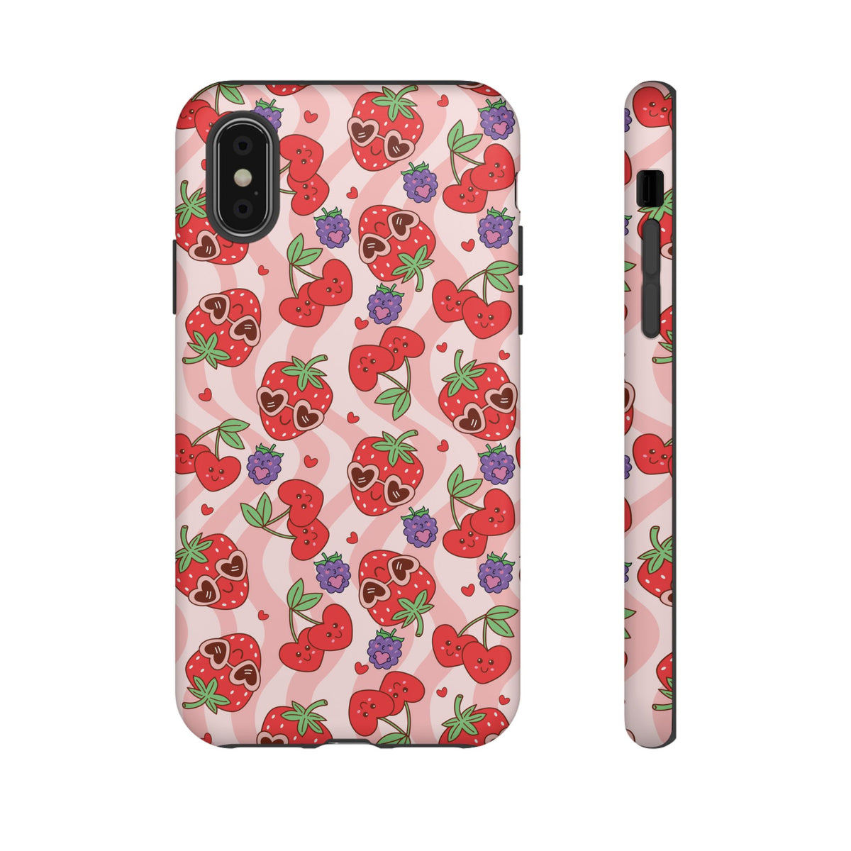 Cute Kawaii Strawberry & Cherry Phone Case — Pink Fruit Pattern Protective Case