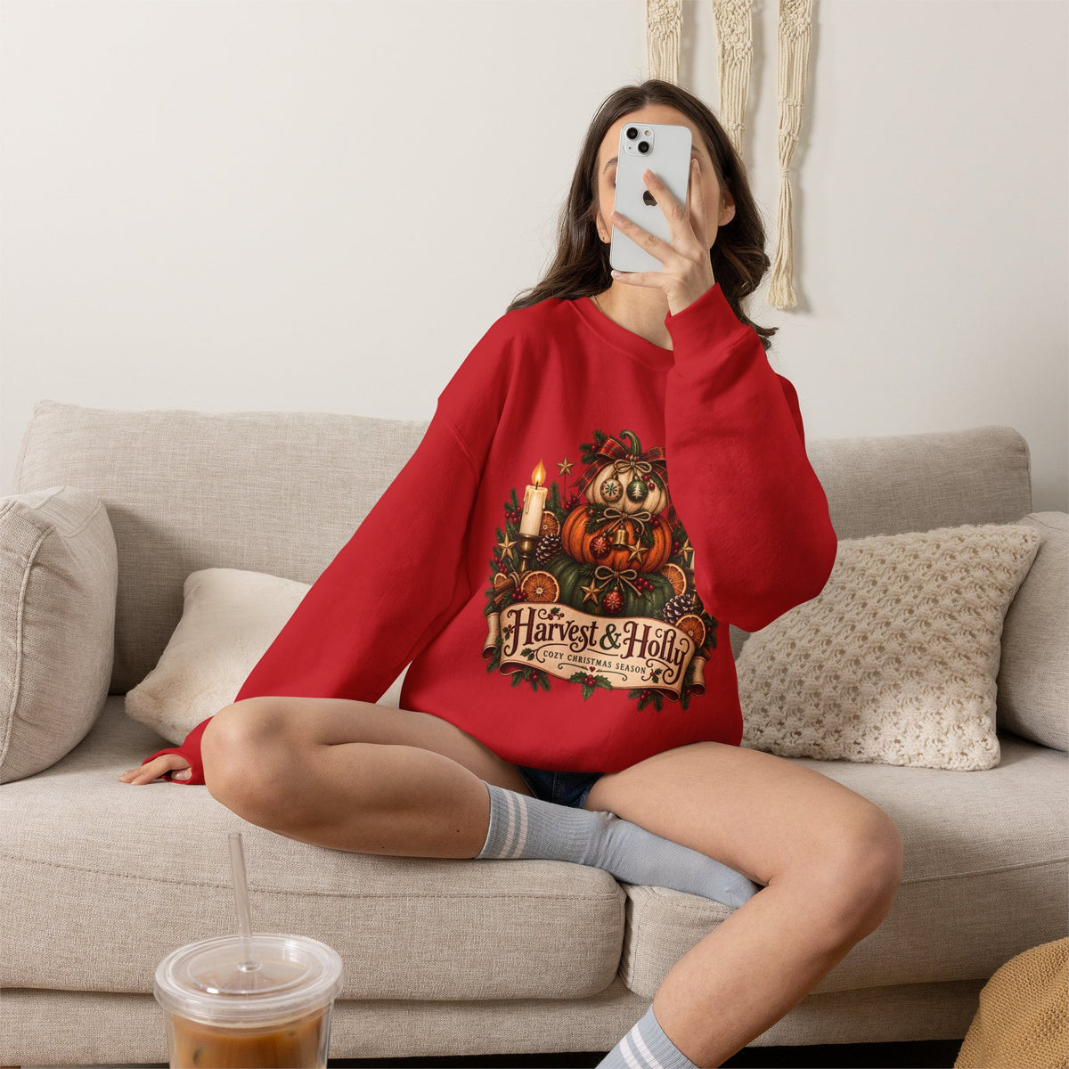 Harvest & Holly Crewneck Sweatshirt — Vintage Pumpkin Fall Graphic Sweatshirt