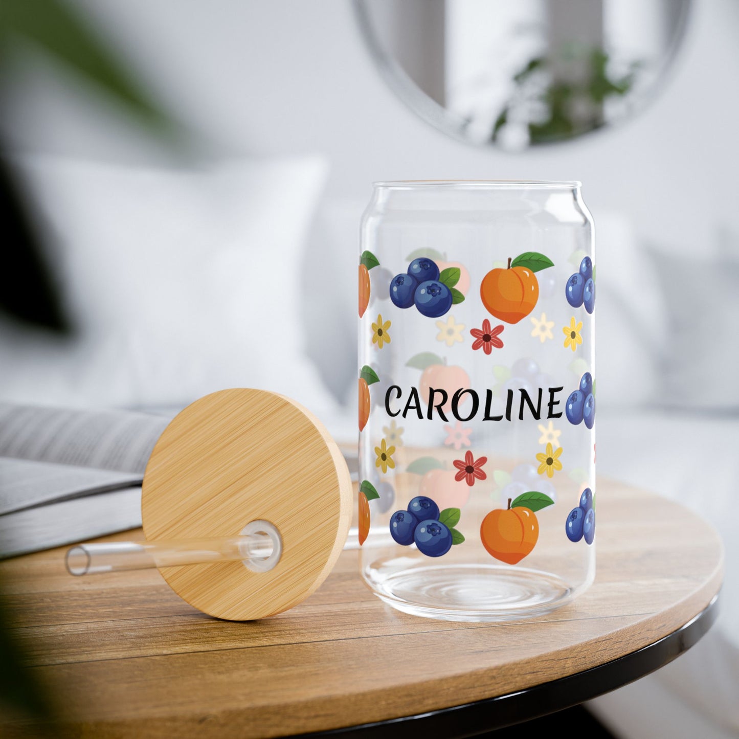 Personalized Fruit Pattern Sipper Glass - 16oz Custom Name Juice Cup