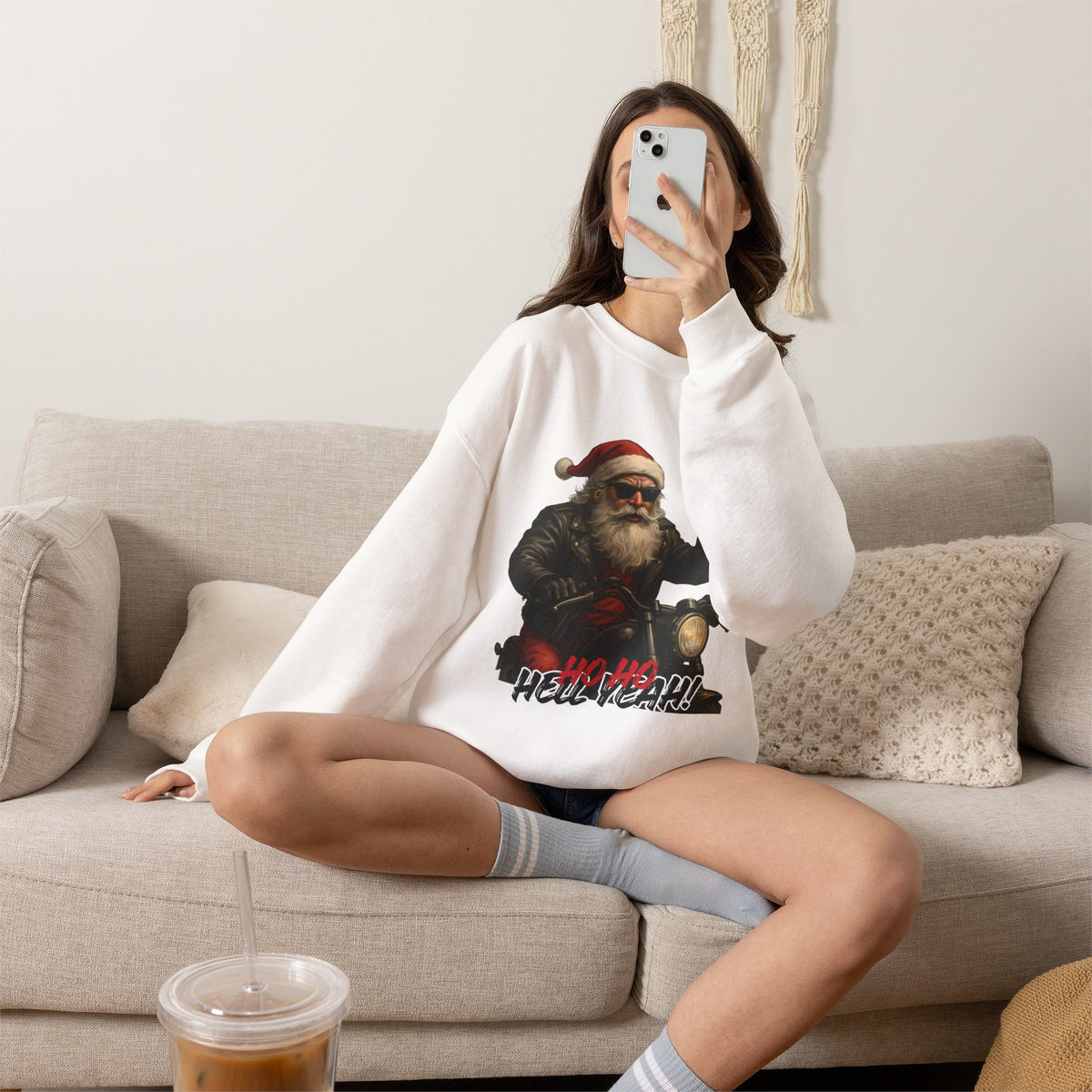 Santa Biker Crewneck Sweatshirt – 'Ho Ho Hell Yeah' Christmas Motorcycle Pullover
