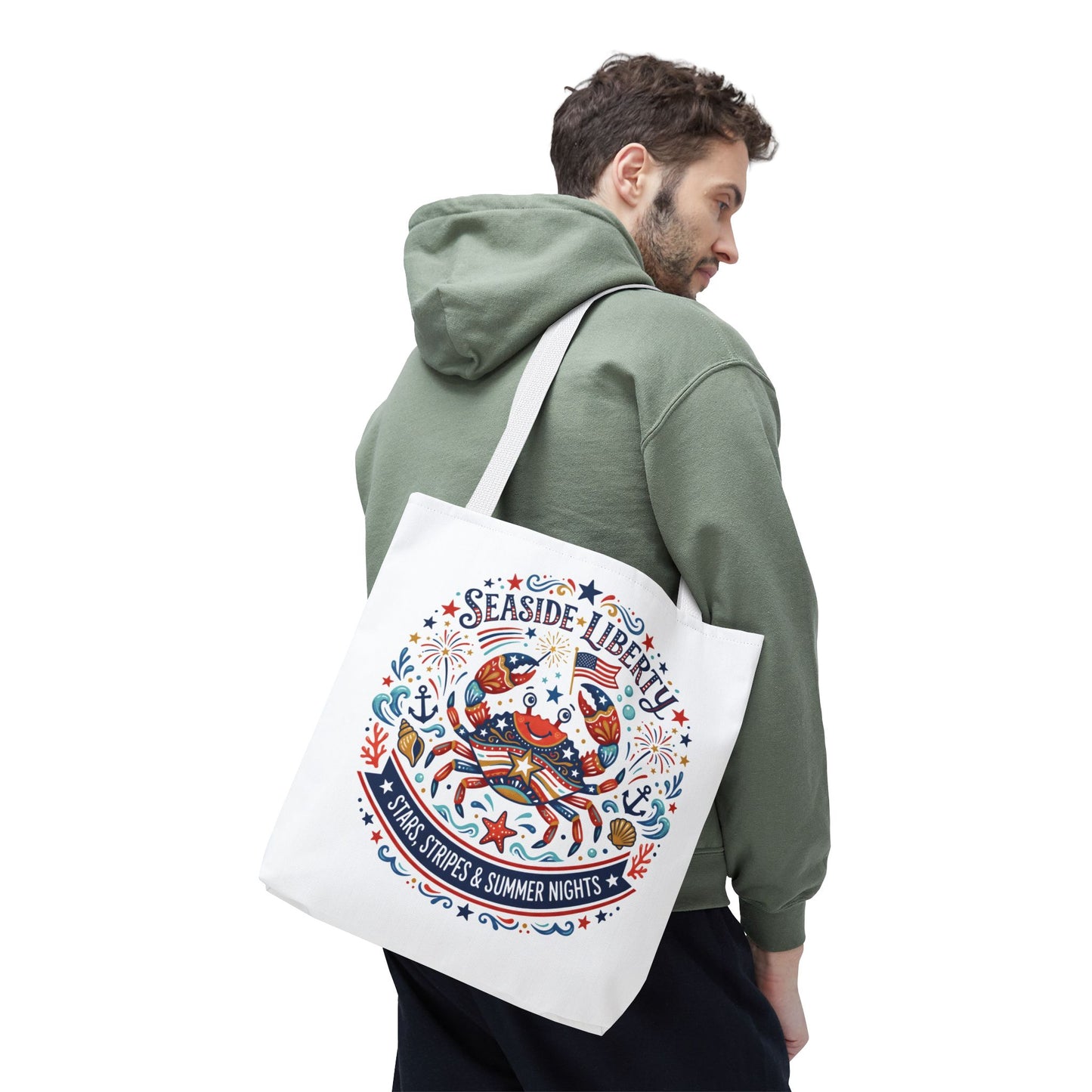 Seaside Liberty Tote Bag — 4th of July, Patriotic Bag "Stars, Stripes & Summer Nights"