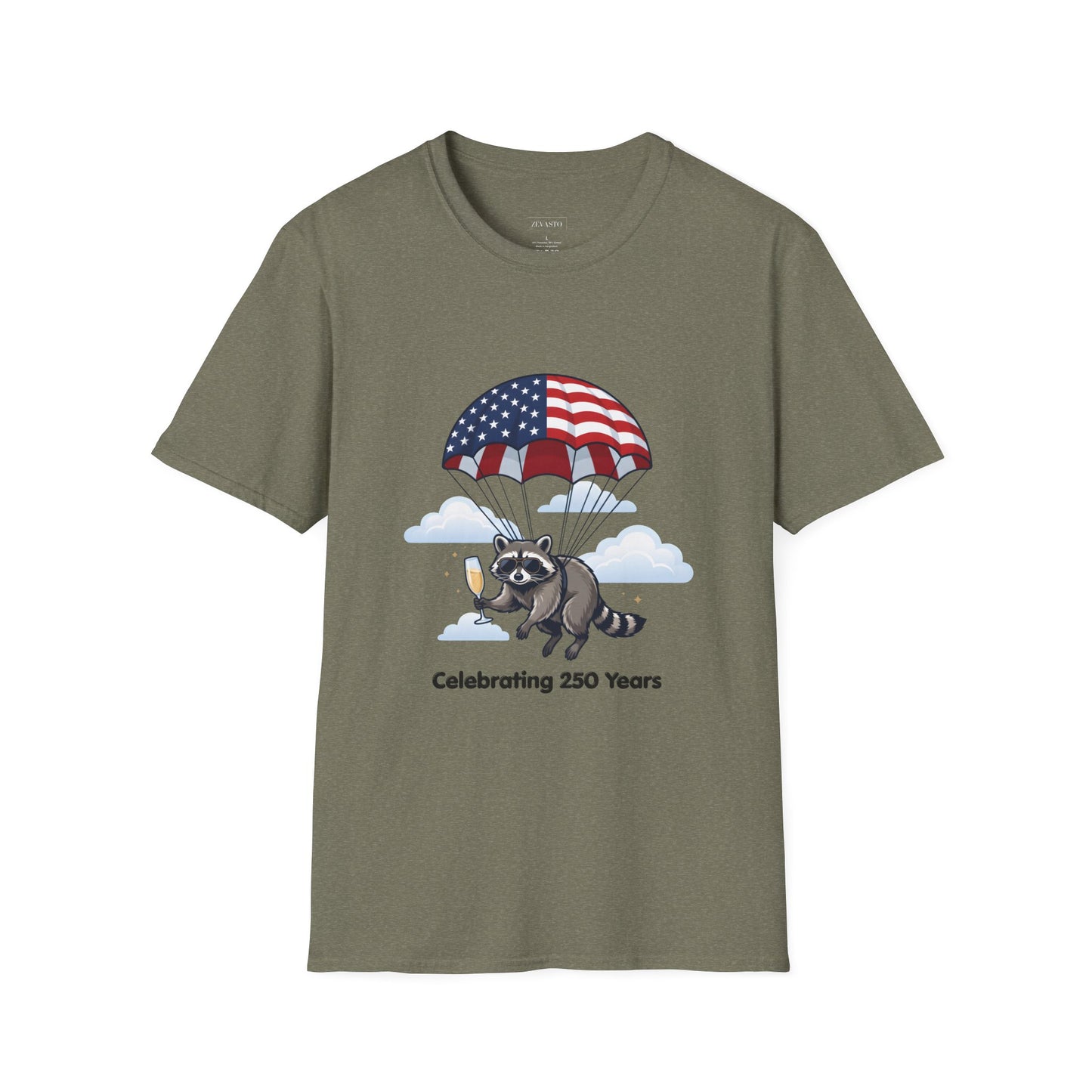Patriotic Parachuting Raccoon T-Shirt — "Celebrating 250 Years"