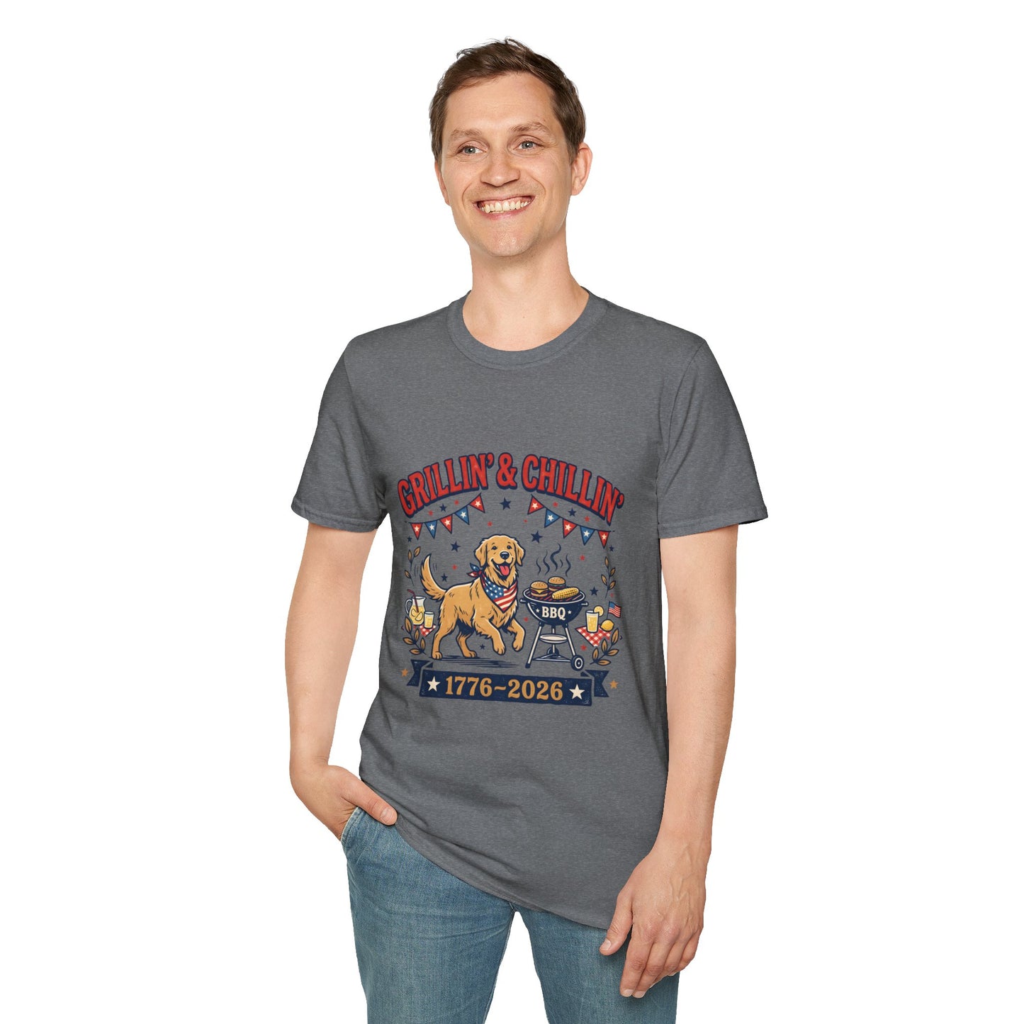 Grillin' & Chillin' BBQ Dog T-Shirt — 1776-2026 Patriotic Summer Tee, 4th of July Shirt, Independence Day Tee