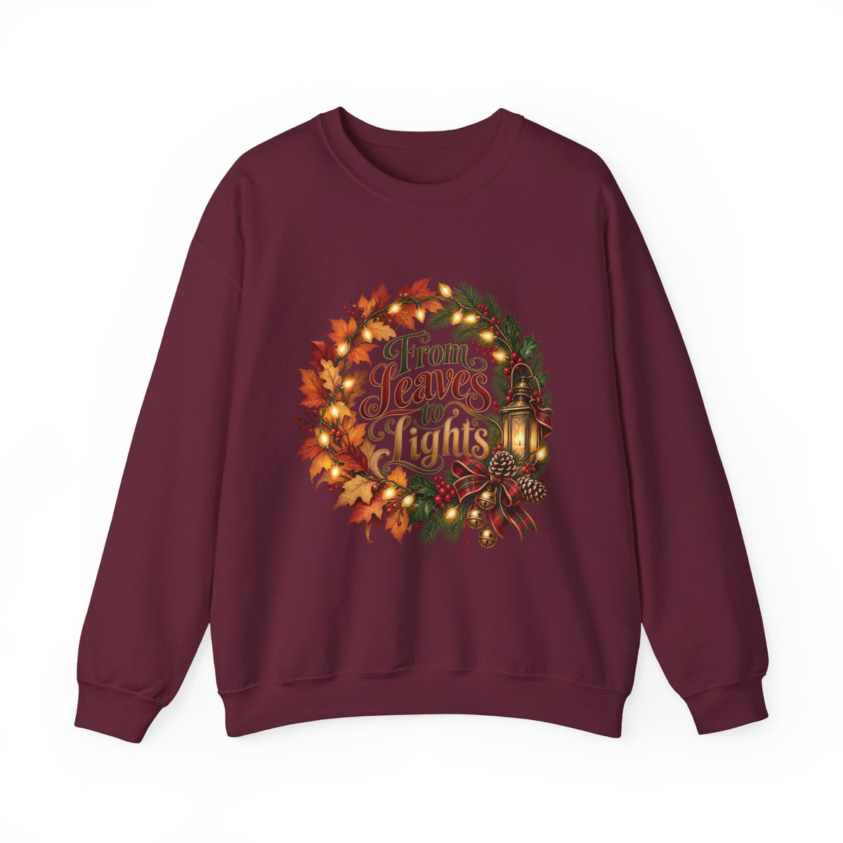 Christmas Crewneck Sweatshirt — "From Leaves to Lights" Autumn to Holiday Wreath Design