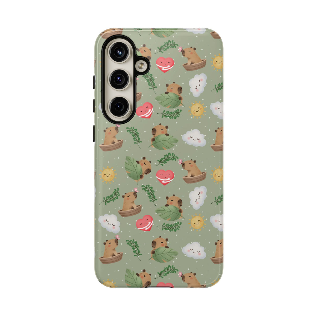 Cute Capybara Pattern Phone Case — Green Botanical Tough Case