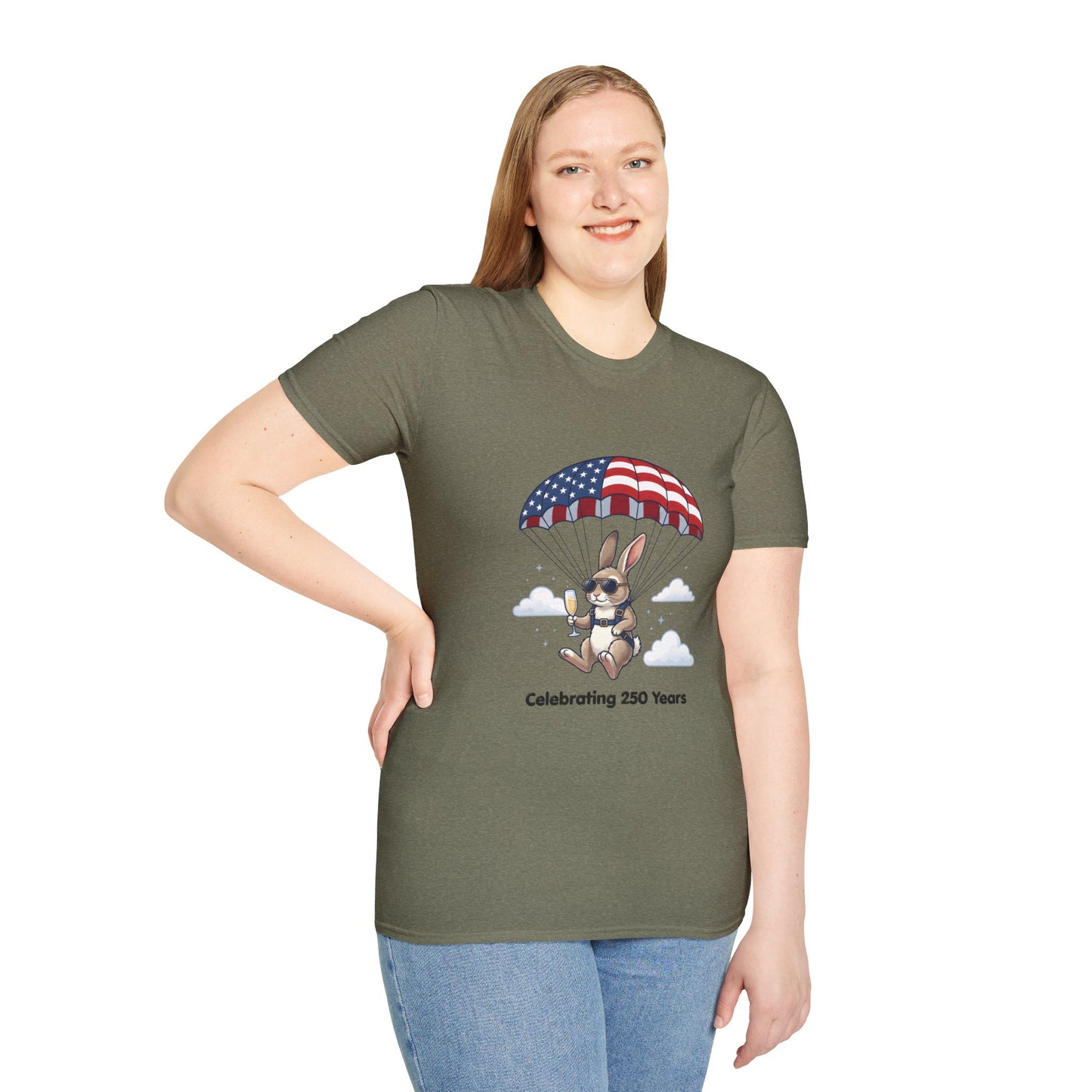 Patriotic Parachuting Bunny T-Shirt — "Celebrating 250 Years"