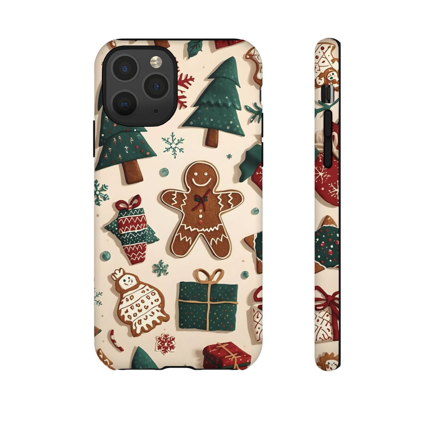 Christmas Phone Case with Gingerbread and Christmas Tree Design, Dual Layer Case for Iphone 17, 16, 15, 14, 13, 12, 11 & Samsung
