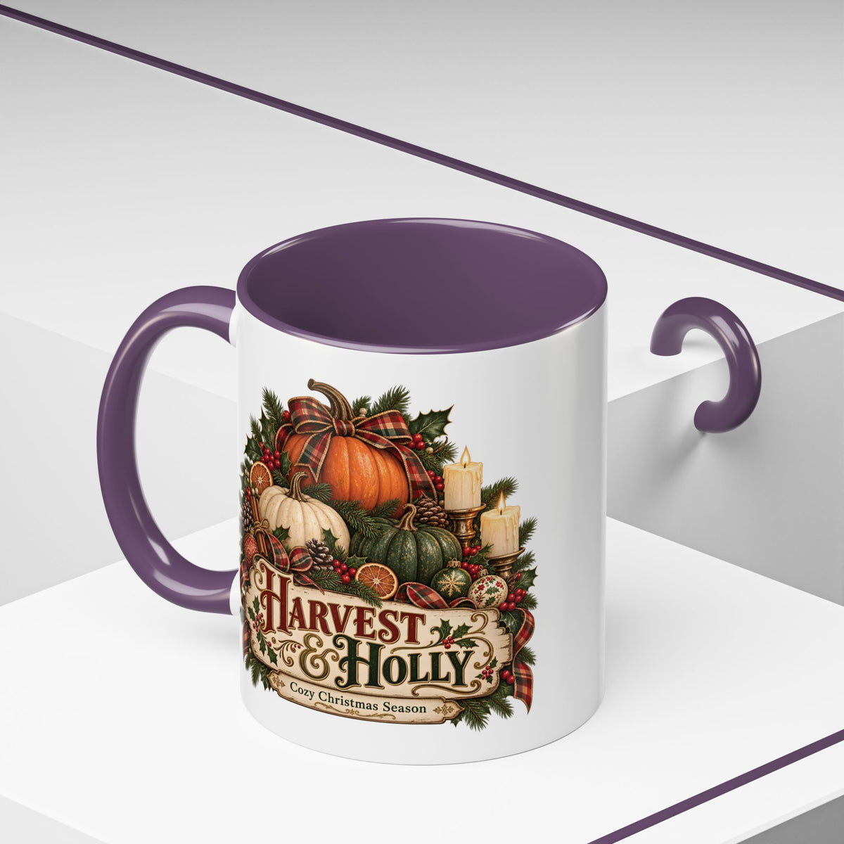 Harvest & Holly Accent Coffee Mug - Vintage Christmas Holiday Mug (11 oz)