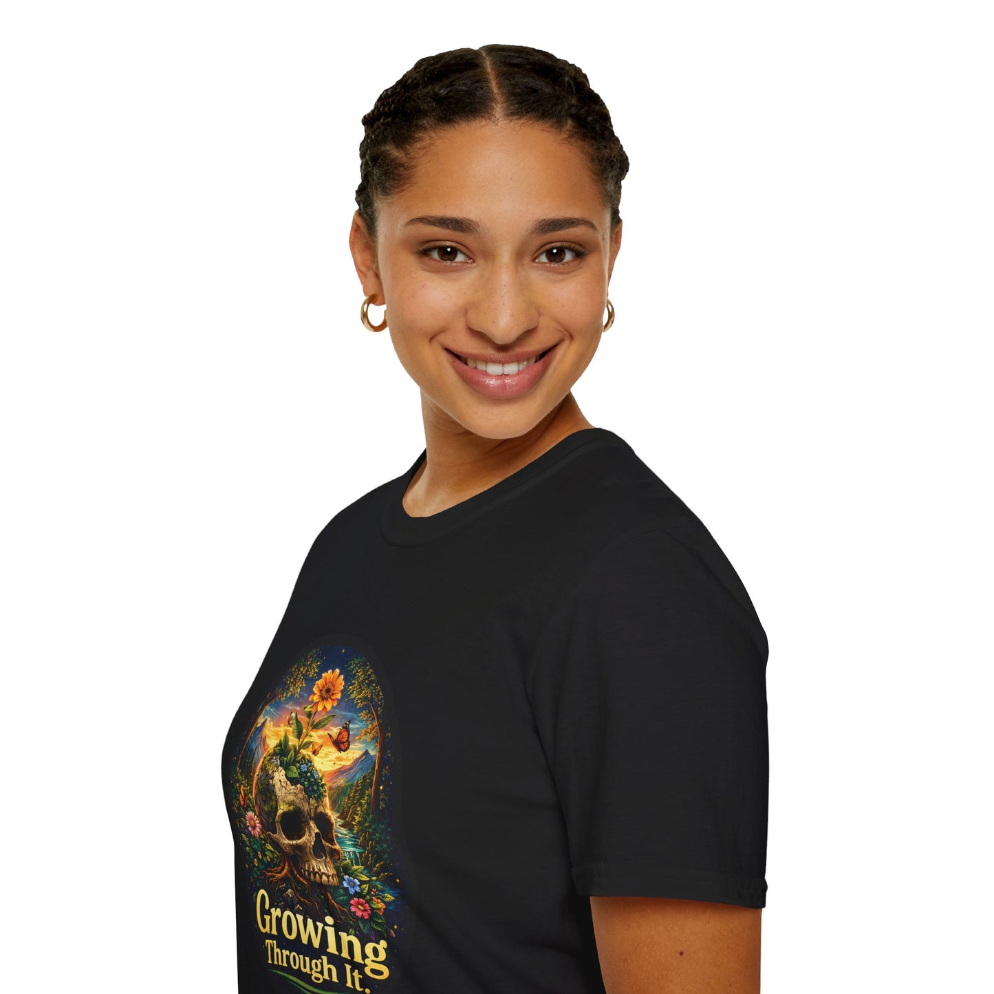 Growing Through It T-Shirt – Earth Day Nature Skull Graphic Tee | Mental Growth & Healing Shirt | Botanical Aesthetic Unisex Tee