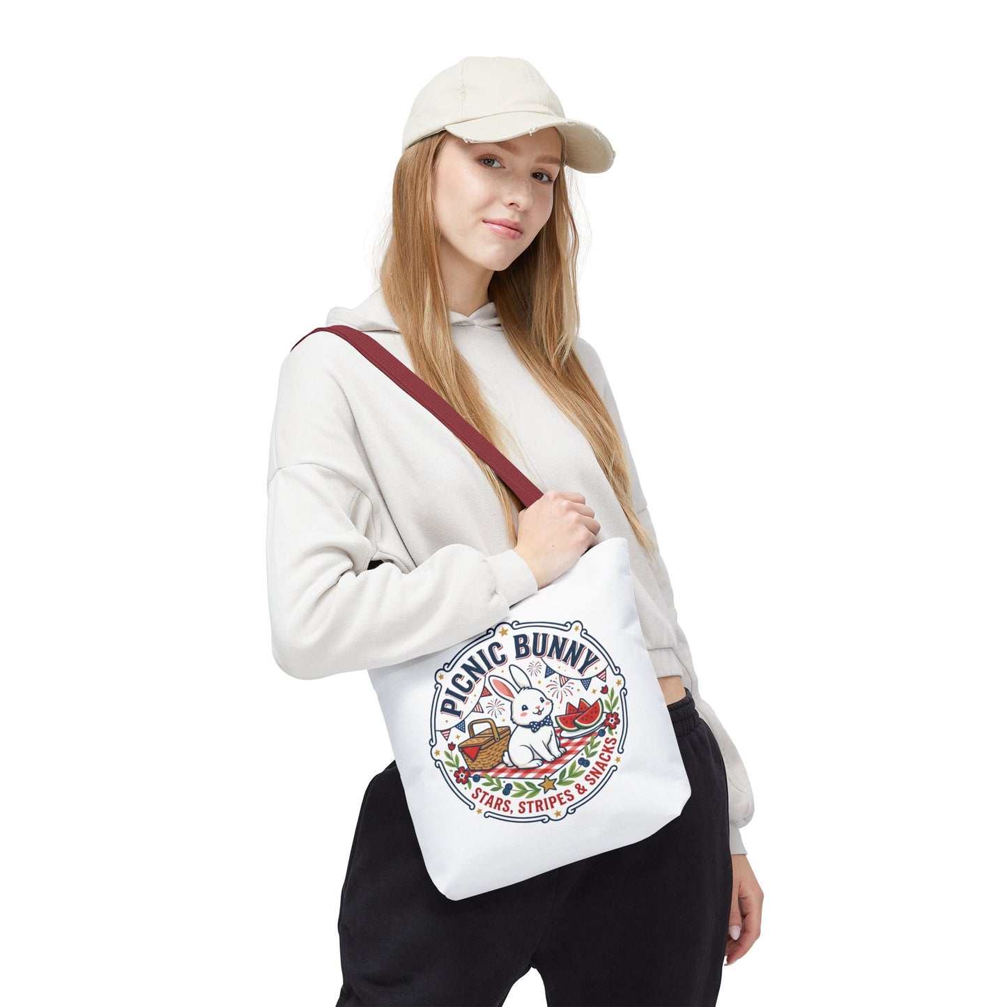 Patriotic Picnic Bunny Tote Bag — ‘Stars, Stripes & Snacks’ Cute Rabbit Picnic Tote, 4th of July Tote