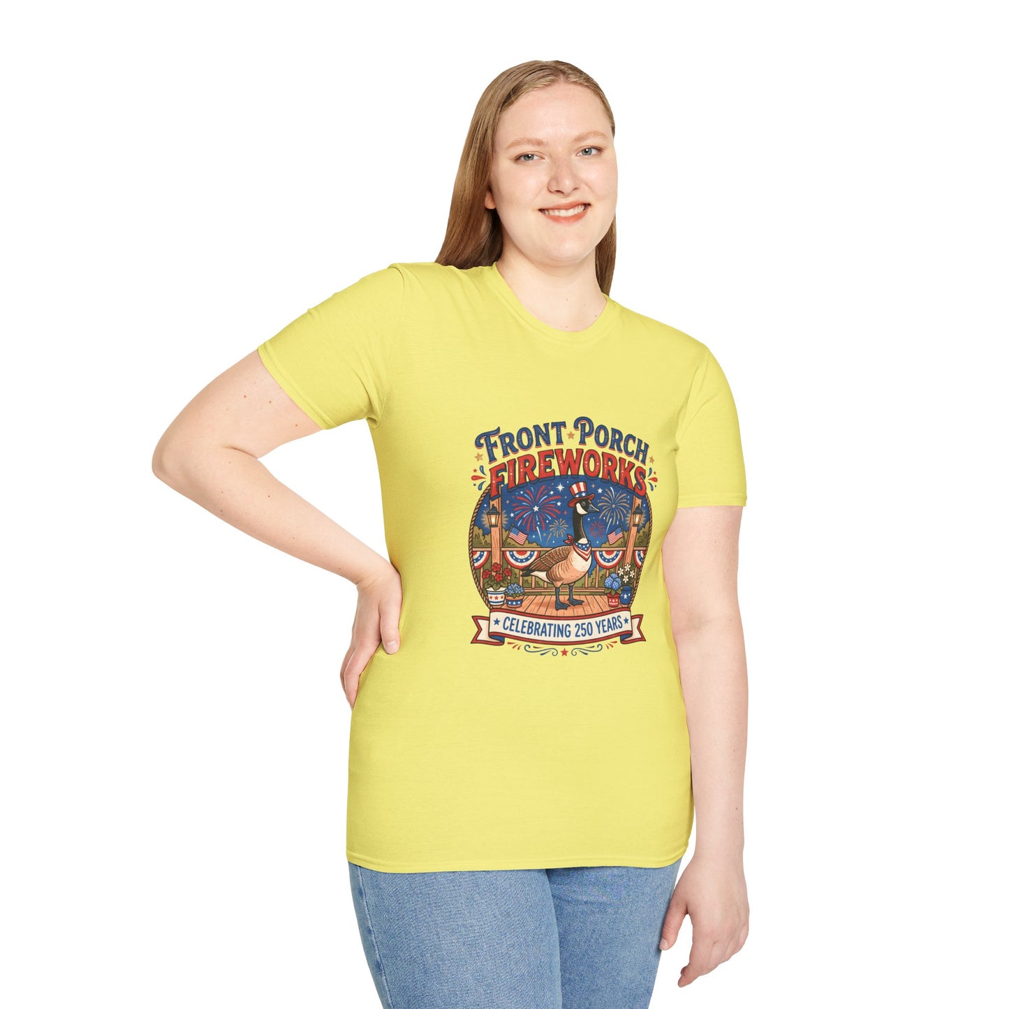 Front Porch Fireworks, Goose T-Shirt — Patriotic 4th of July Celebration Tee