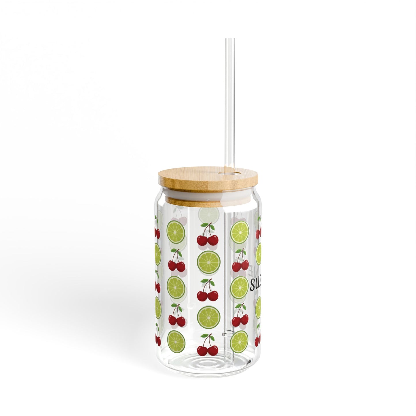 Personalized Cherry Lime Sipper Glass — 16oz Fruit Patterned Straw Cup, Custom Name Tumbler