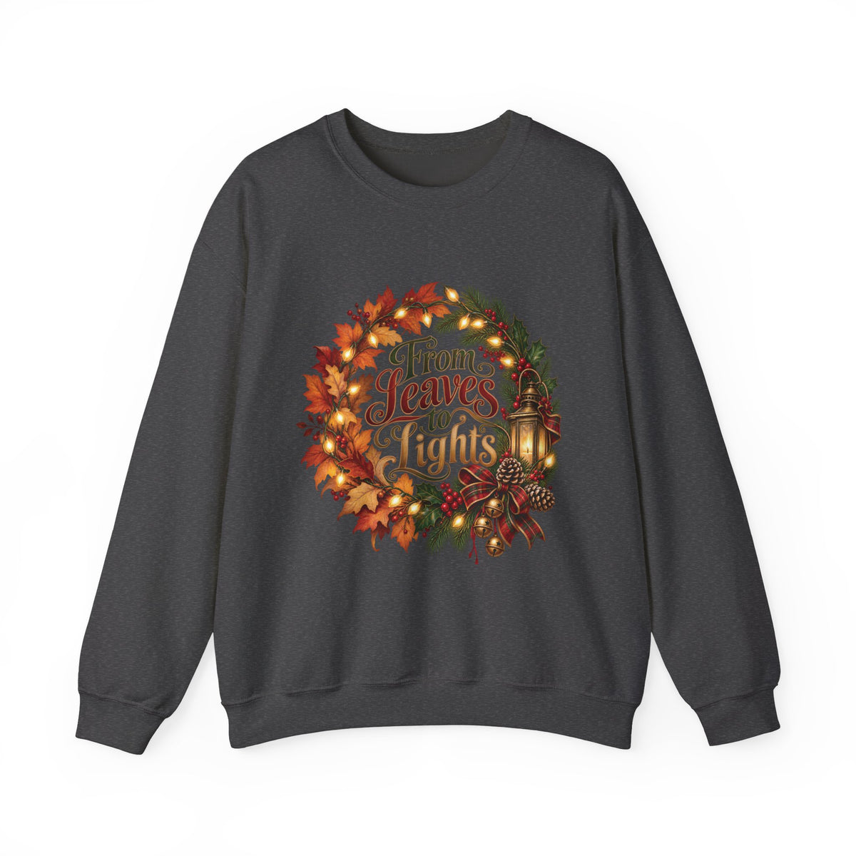 Christmas Crewneck Sweatshirt — "From Leaves to Lights" Autumn to Holiday Wreath Design