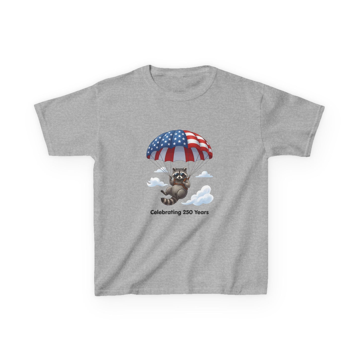 Kids T-Shirt — Patriotic Raccoon Parachute “Celebrating 250 Years”