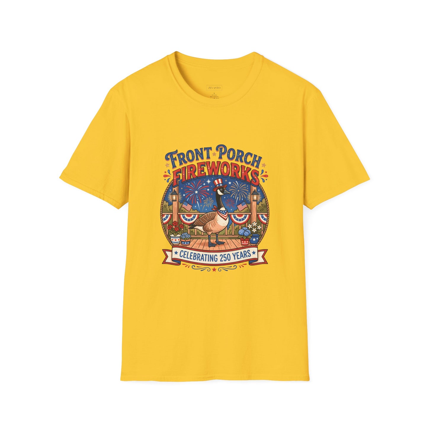 Front Porch Fireworks, Goose T-Shirt — Patriotic 4th of July Celebration Tee