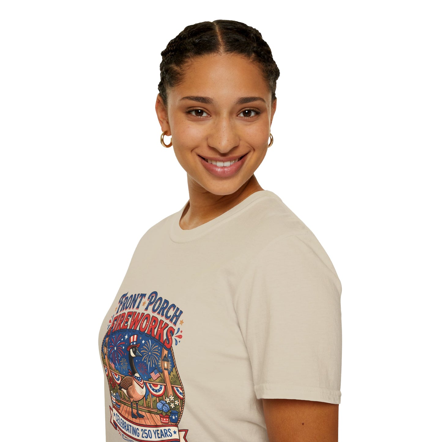 Front Porch Fireworks, Goose T-Shirt — Patriotic 4th of July Celebration Tee