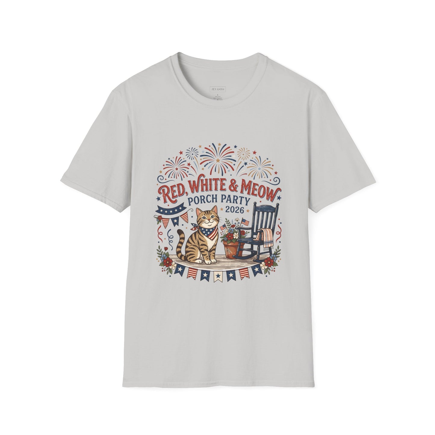 Red, White & Meow Porch Party T-Shirt — 2026 Patriotic Cat Tee, 4th of July Shirt, Independence Day Gift