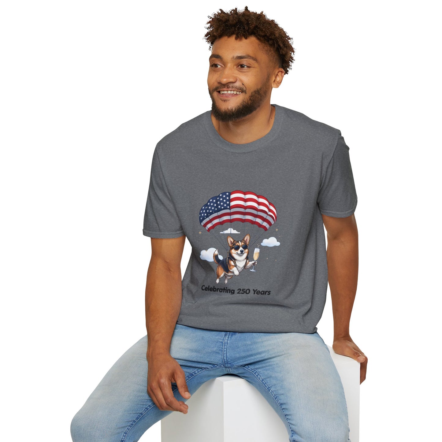 Corgi Parachute American Flag T-Shirt — "Celebrating 250 Years" Patriotic Tee