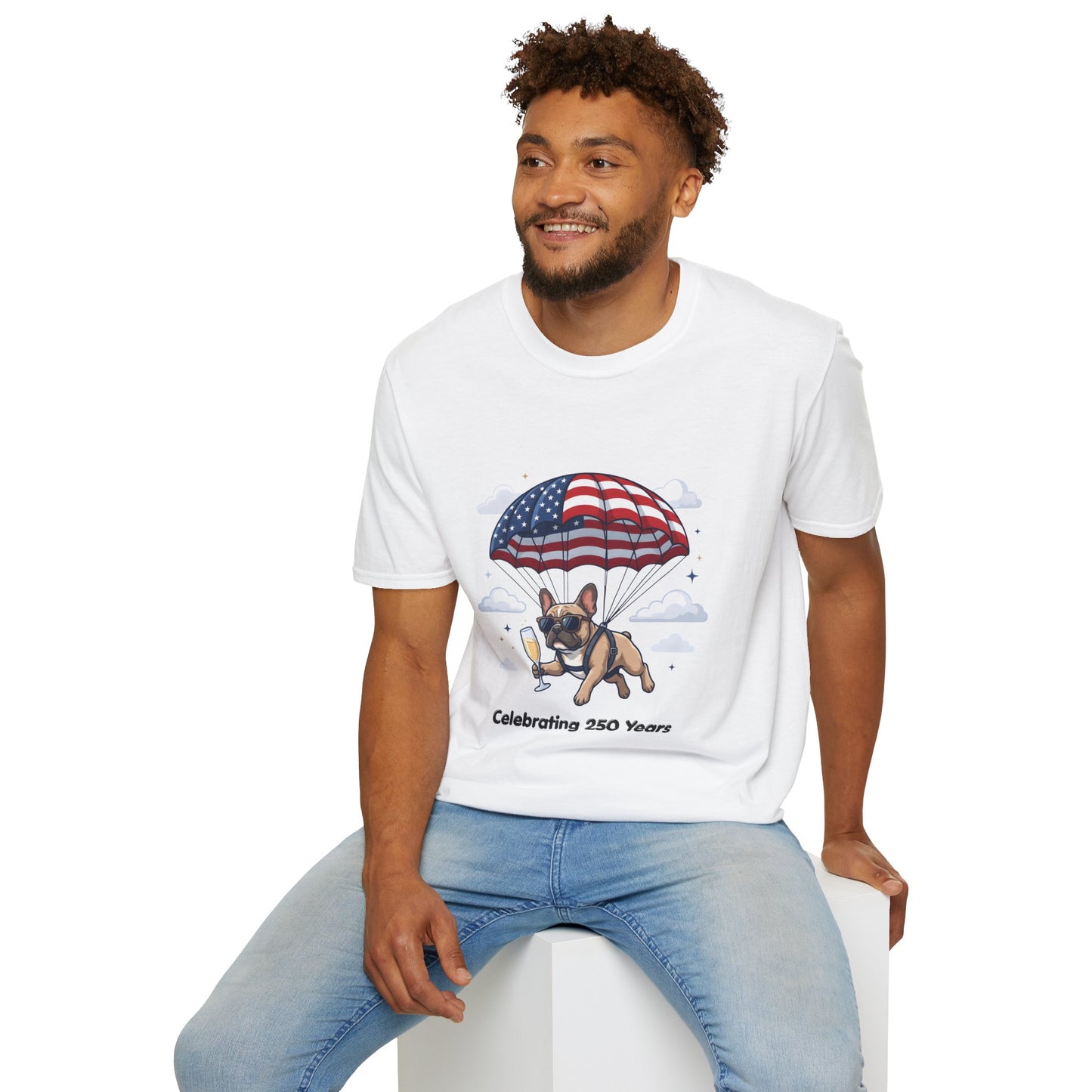 Patriotic French Bulldog T-Shirt — "Celebrating 250 Years" Parachute Design