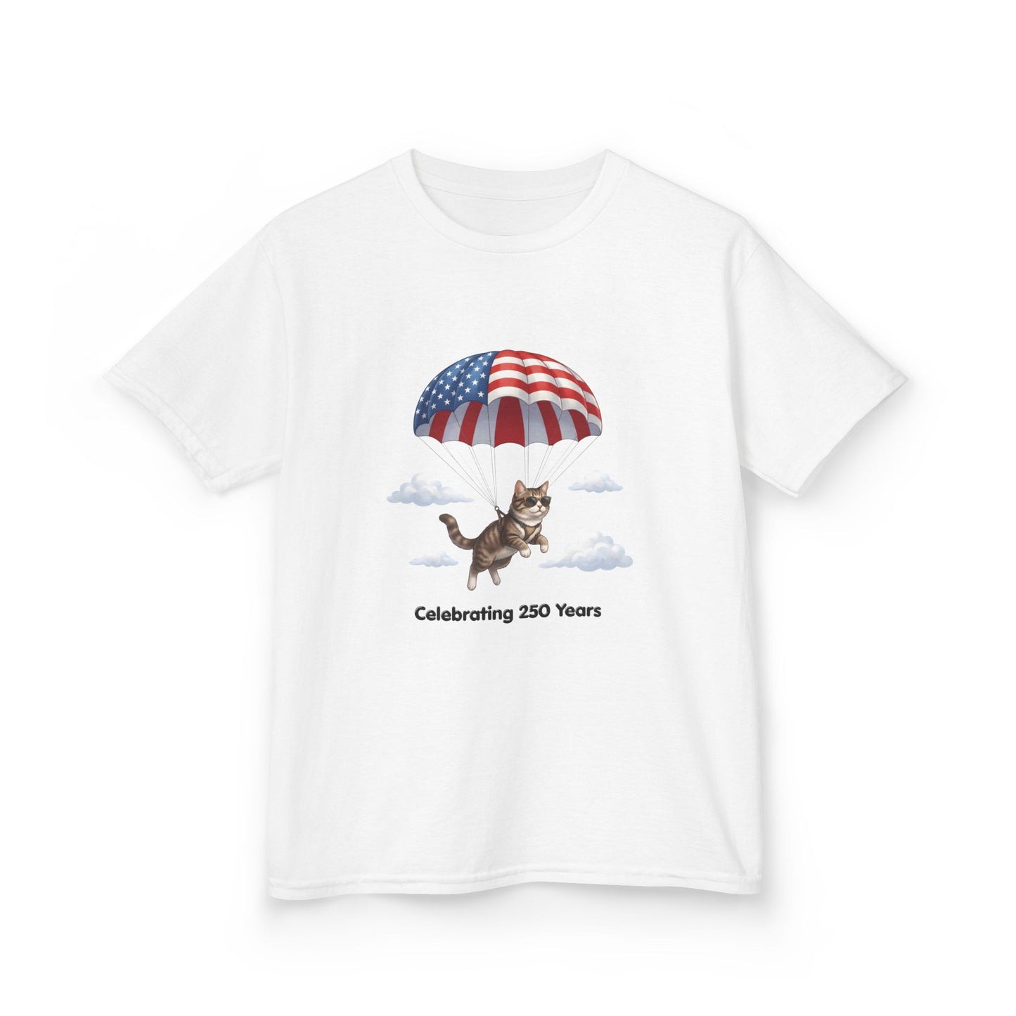 Kids Patriotic Parachuting Cat Tee — "Celebrating 250 Years"