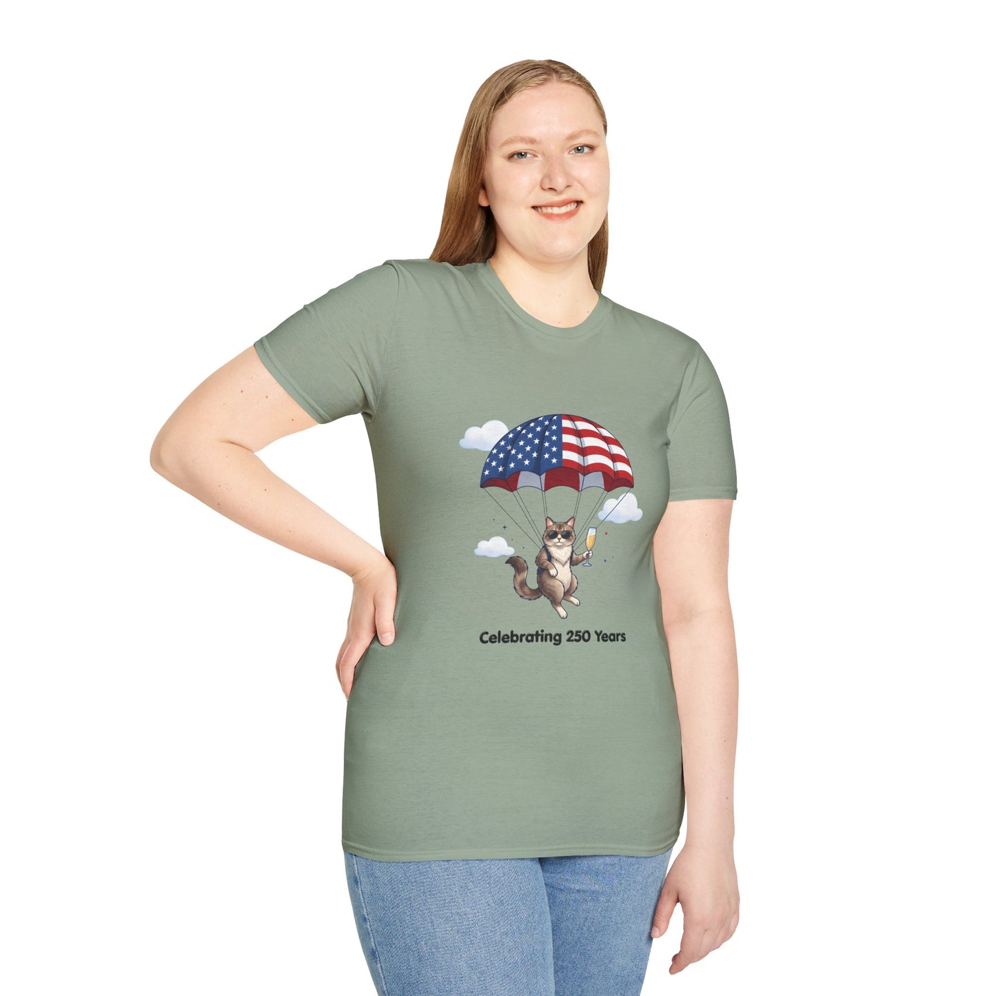 Patriotic Cat Parachute T-Shirt — "Celebrating 250 Years" 4th of July Tee