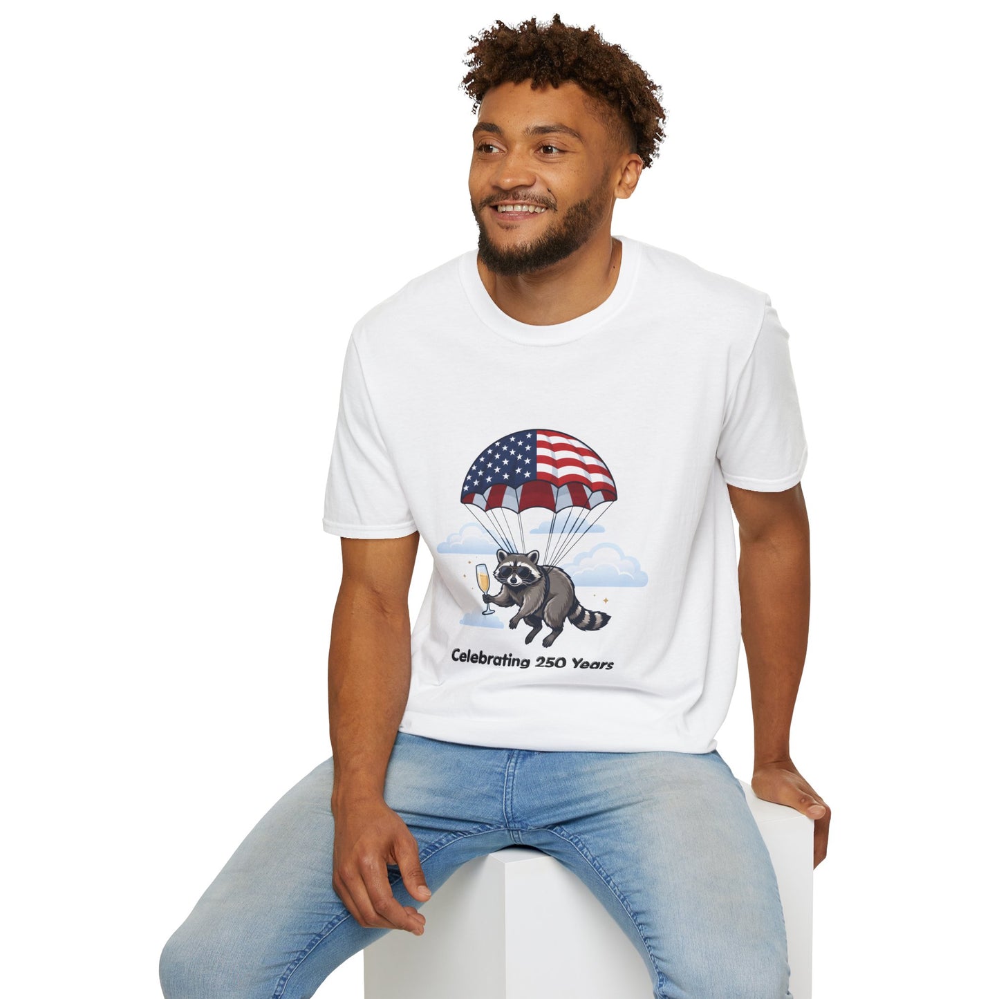 Patriotic Parachuting Raccoon T-Shirt — "Celebrating 250 Years"
