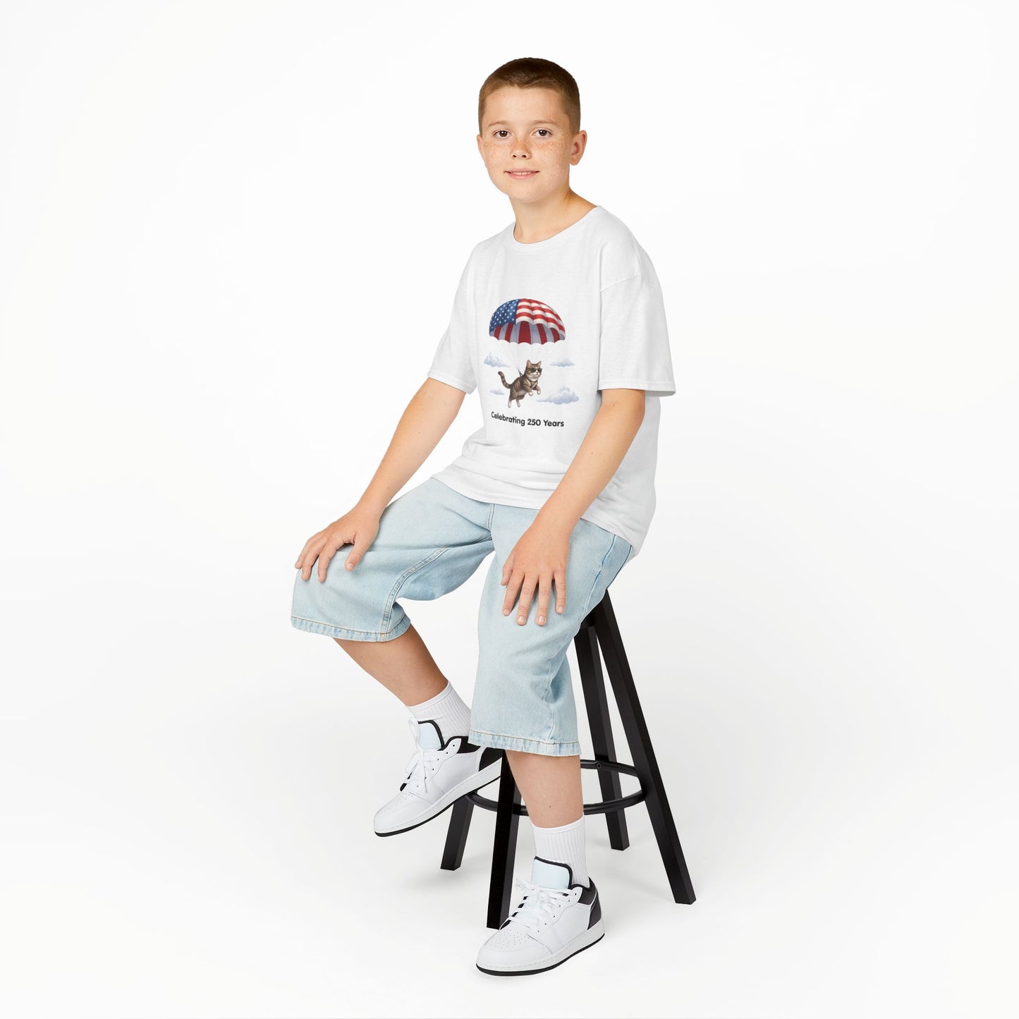 Kids Patriotic Parachuting Cat Tee — "Celebrating 250 Years"