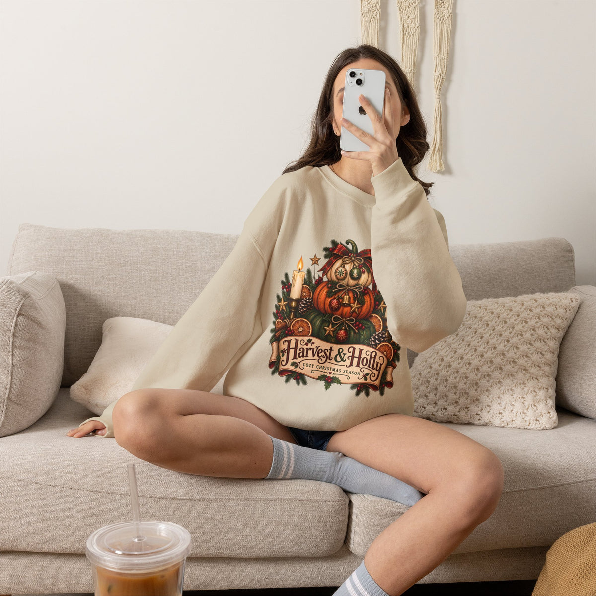 Harvest & Holly Crewneck Sweatshirt — Vintage Pumpkin Fall Graphic Sweatshirt